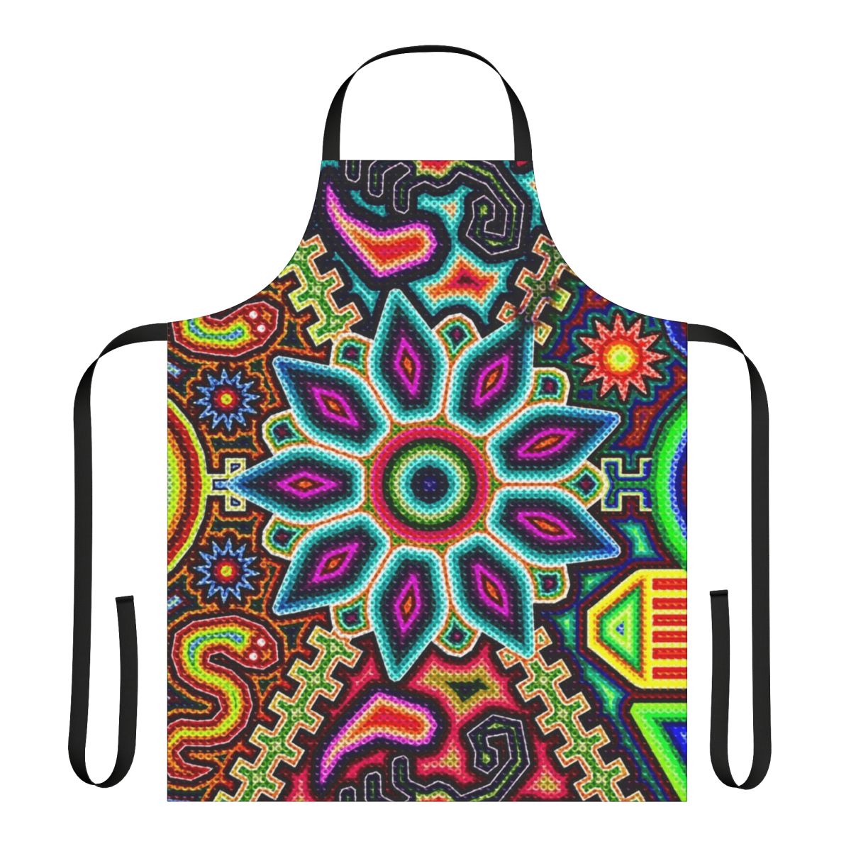 Colorful apron featuring traditional Huichol art patterns and designs
