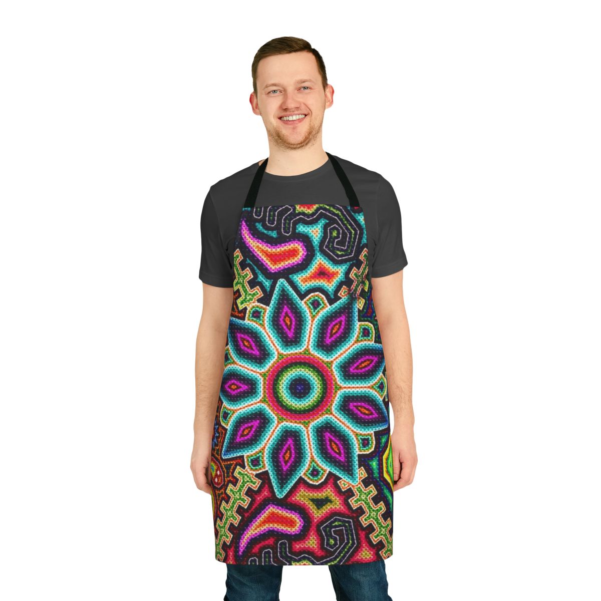 Colorful apron featuring traditional Huichol art patterns and designs