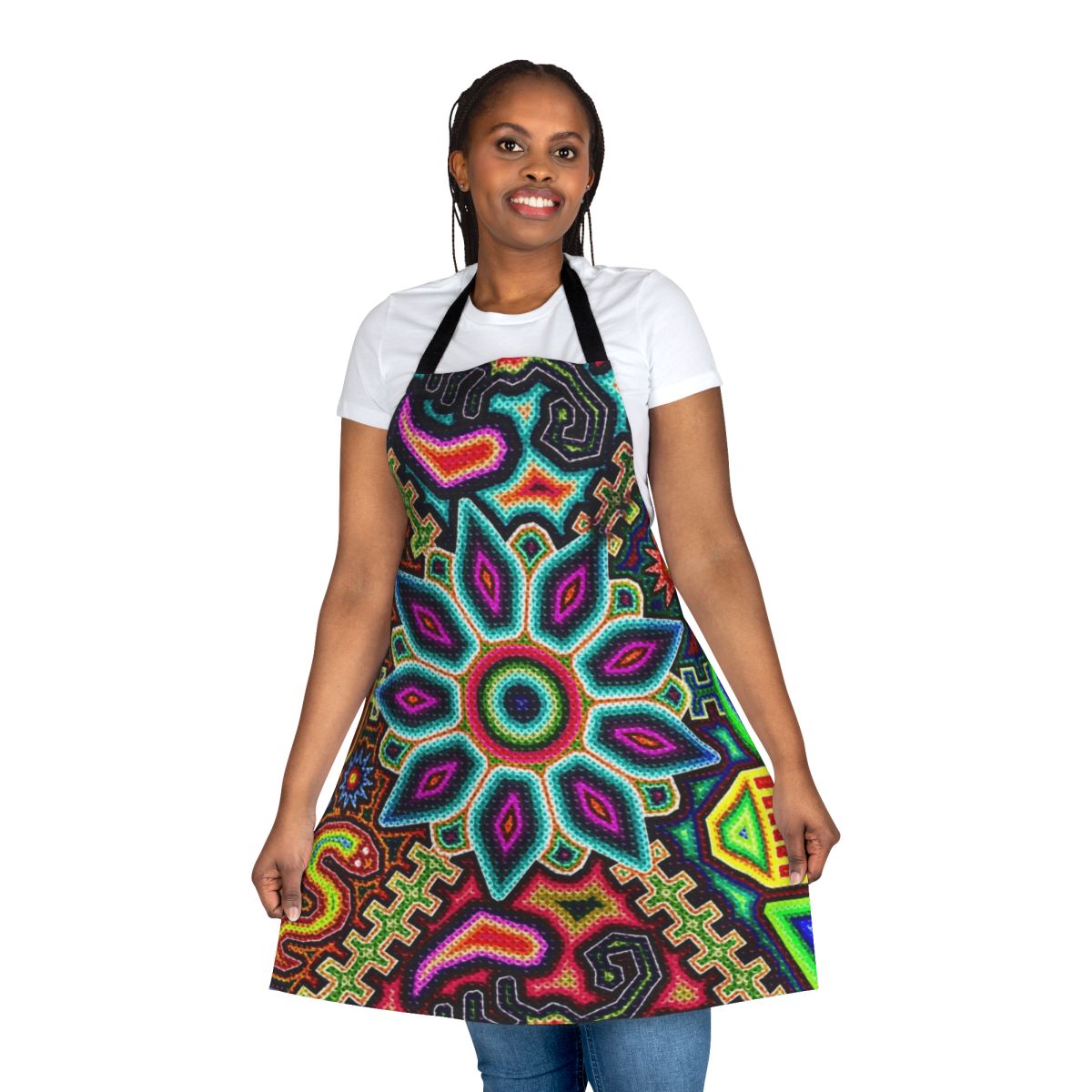 Colorful apron featuring traditional Huichol art patterns and designs