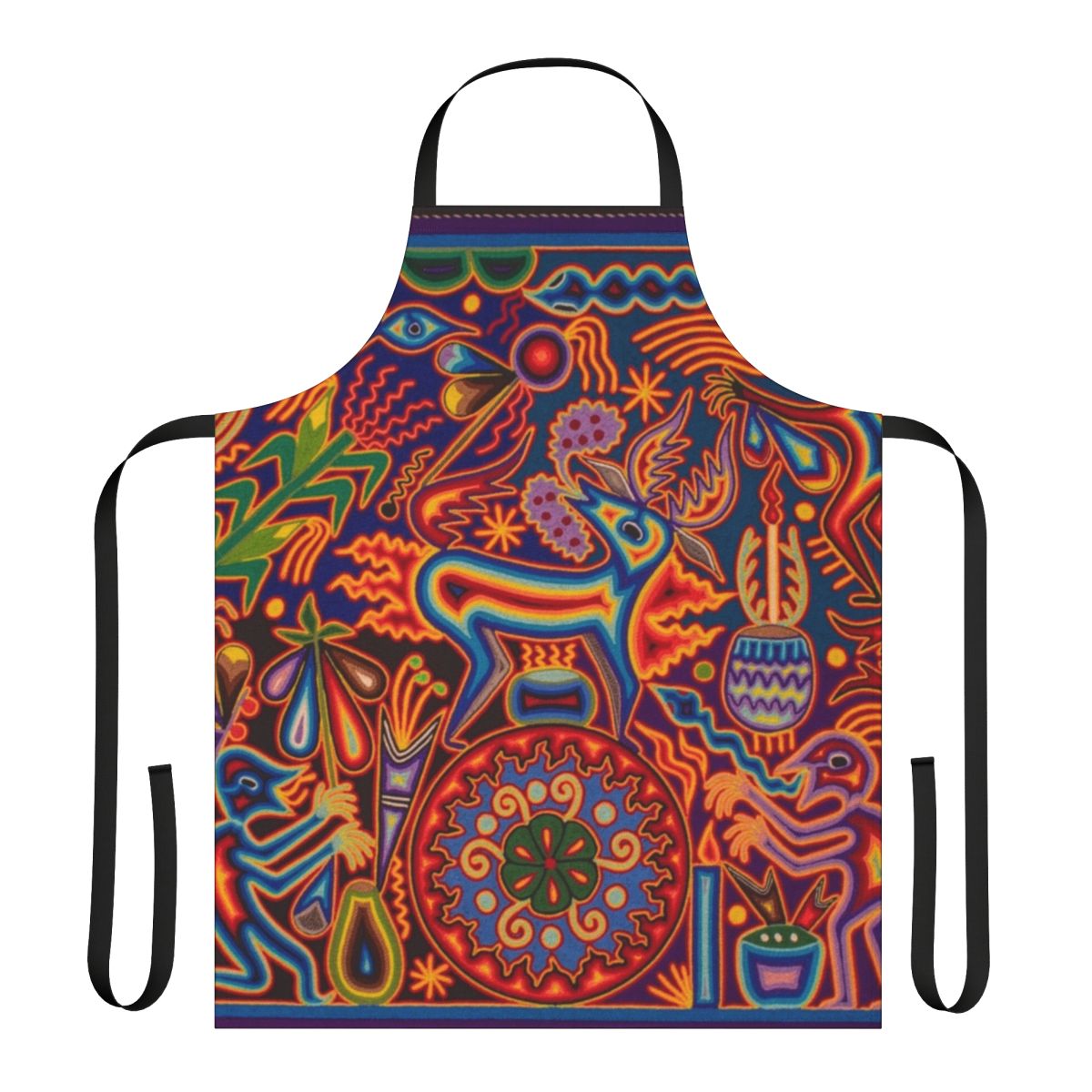Colorful apron featuring Huichol-inspired skull and floral design