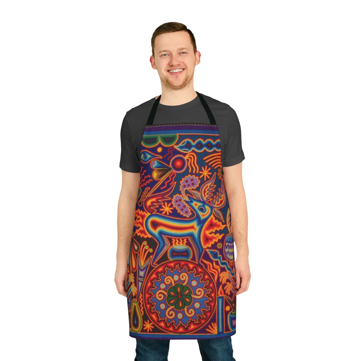 Colorful apron featuring Huichol-inspired skull and floral design