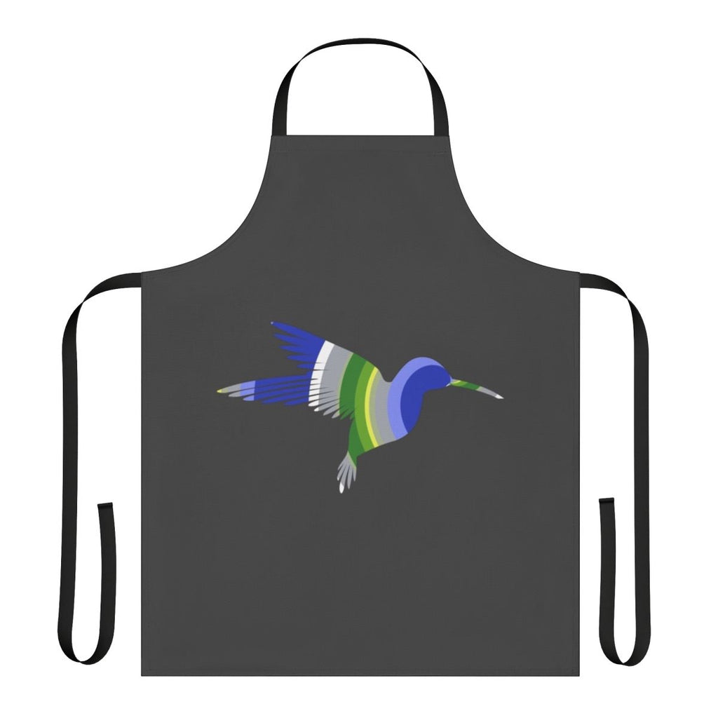A vibrant and colorful apron featuring a watercolor-style hummingbird and legendary animal artwork.