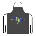 A vibrant and colorful apron featuring a watercolor-style hummingbird and legendary animal artwork.