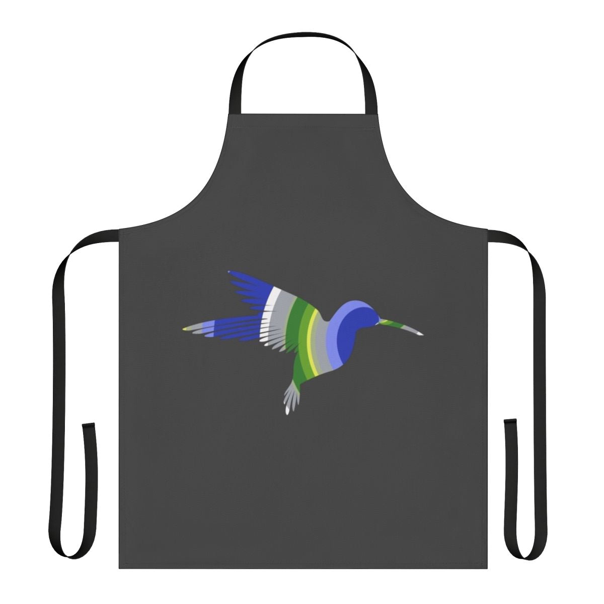 A vibrant and colorful apron featuring a watercolor-style hummingbird and legendary animal artwork.