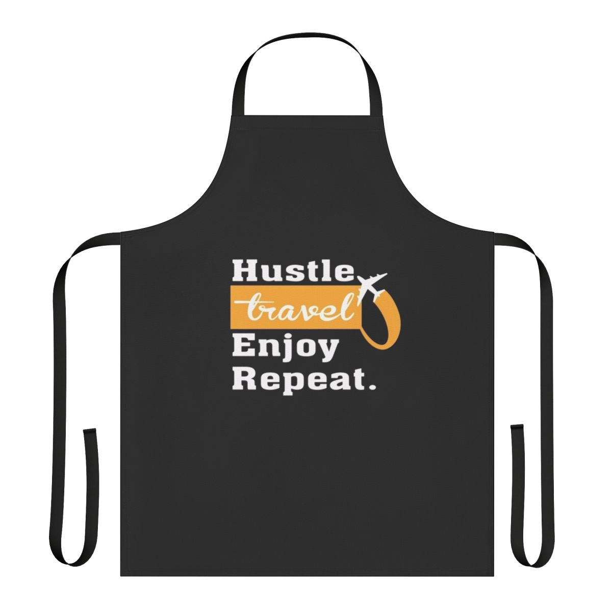 Vibrant yellow apron with "Hustle Travel Enjoy Repeat" text and airplane design, perfect for the adventurous traveler or motivated entrepreneur.