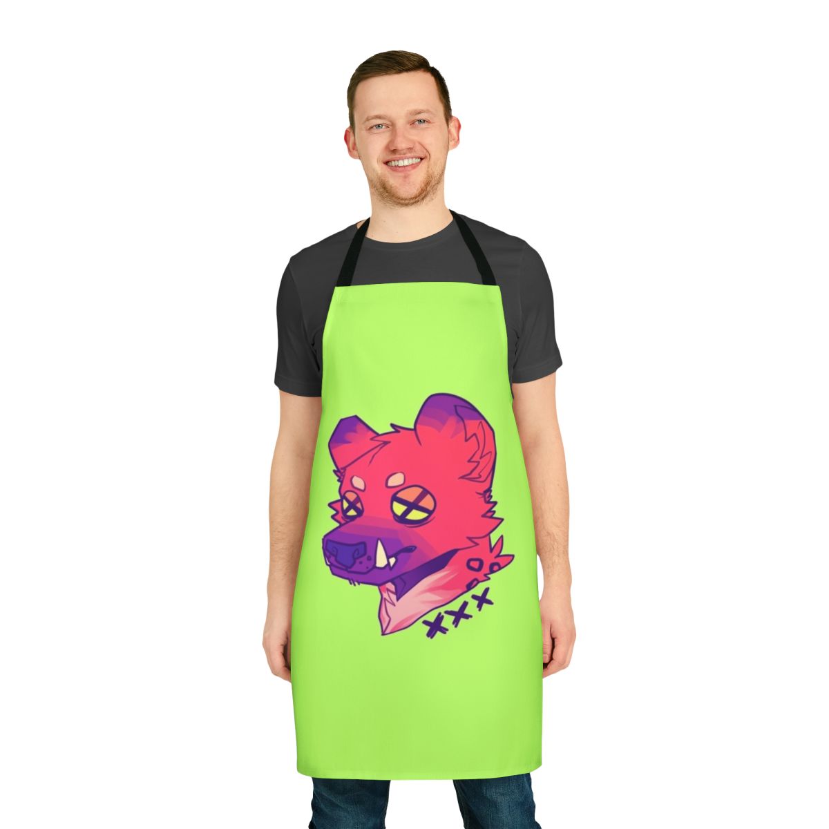 Colorful hyena print apron with a fun, furry animal design