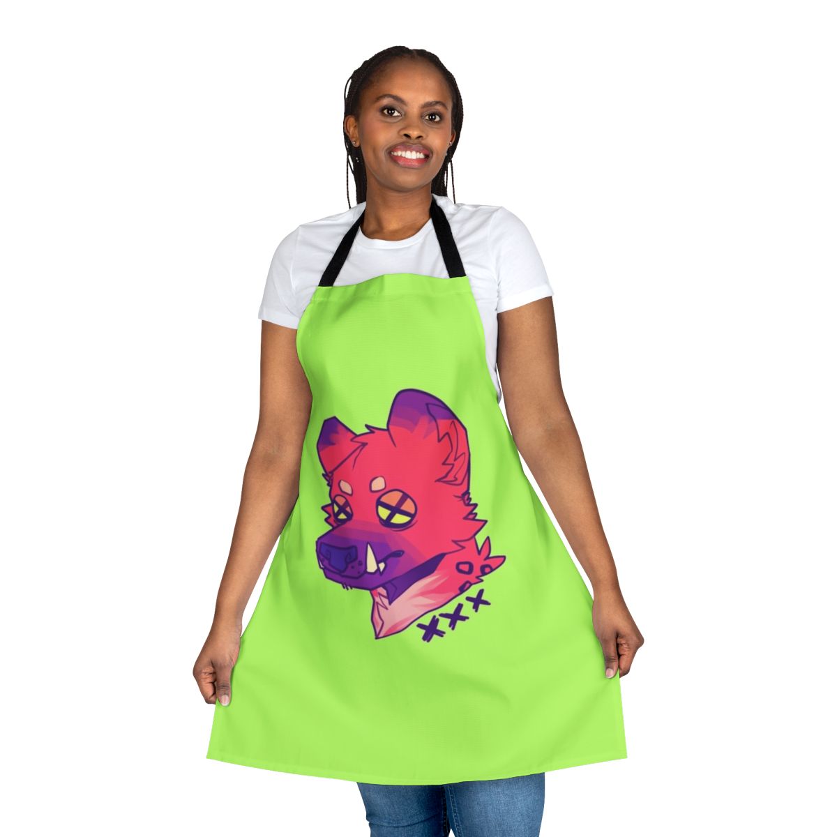 Colorful hyena print apron with a fun, furry animal design