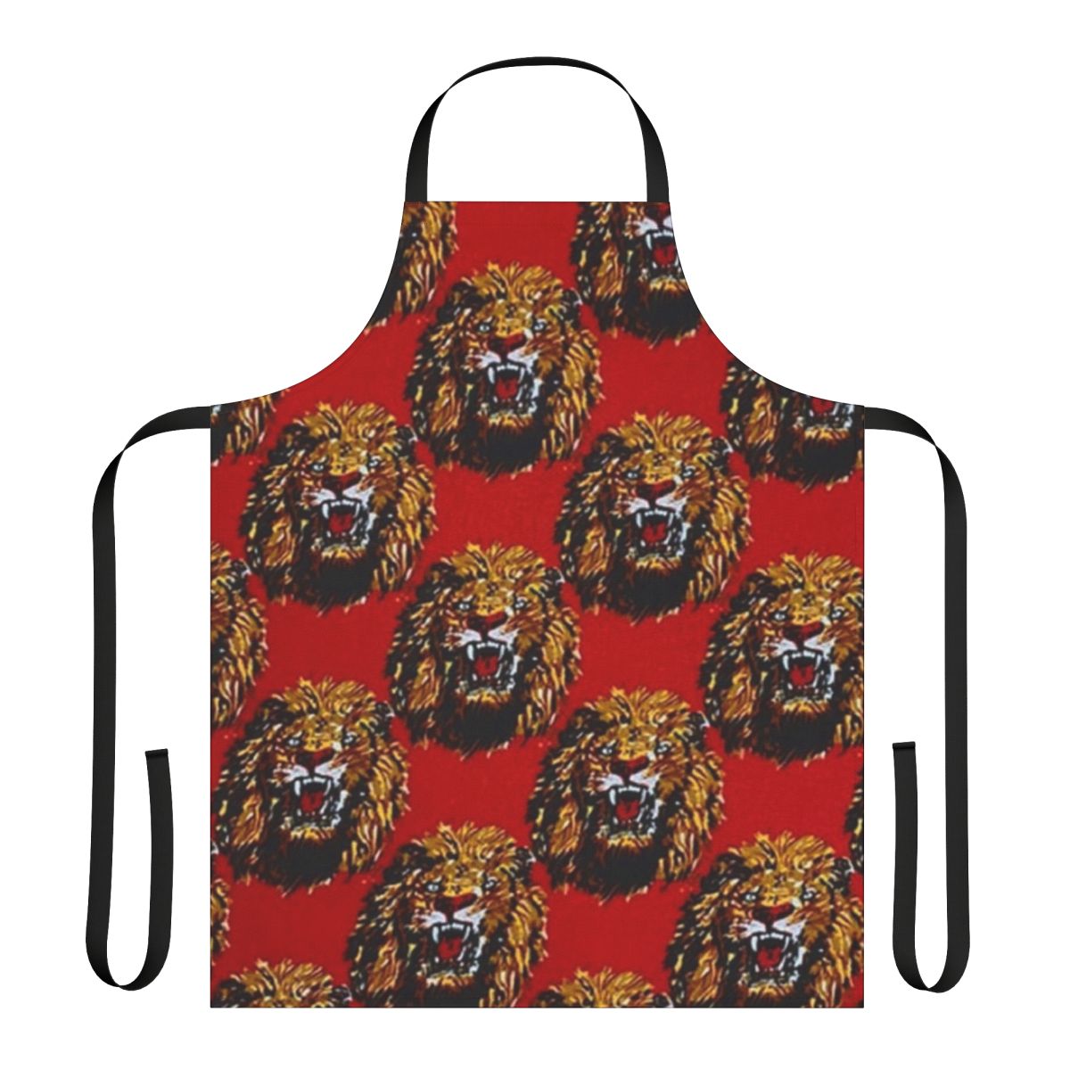 A red apron featuring a bold, stylized lion head design in the Igbo cultural tradition.
