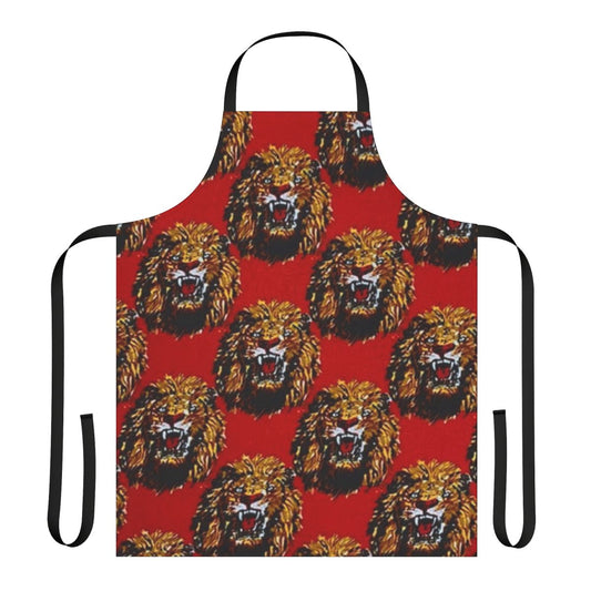 A red apron featuring a bold, stylized lion head design in the Igbo cultural tradition.