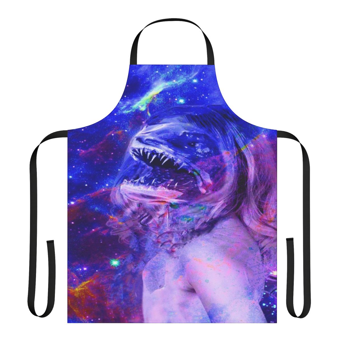 Colorful, abstract apron featuring a nature-inspired, mythological design