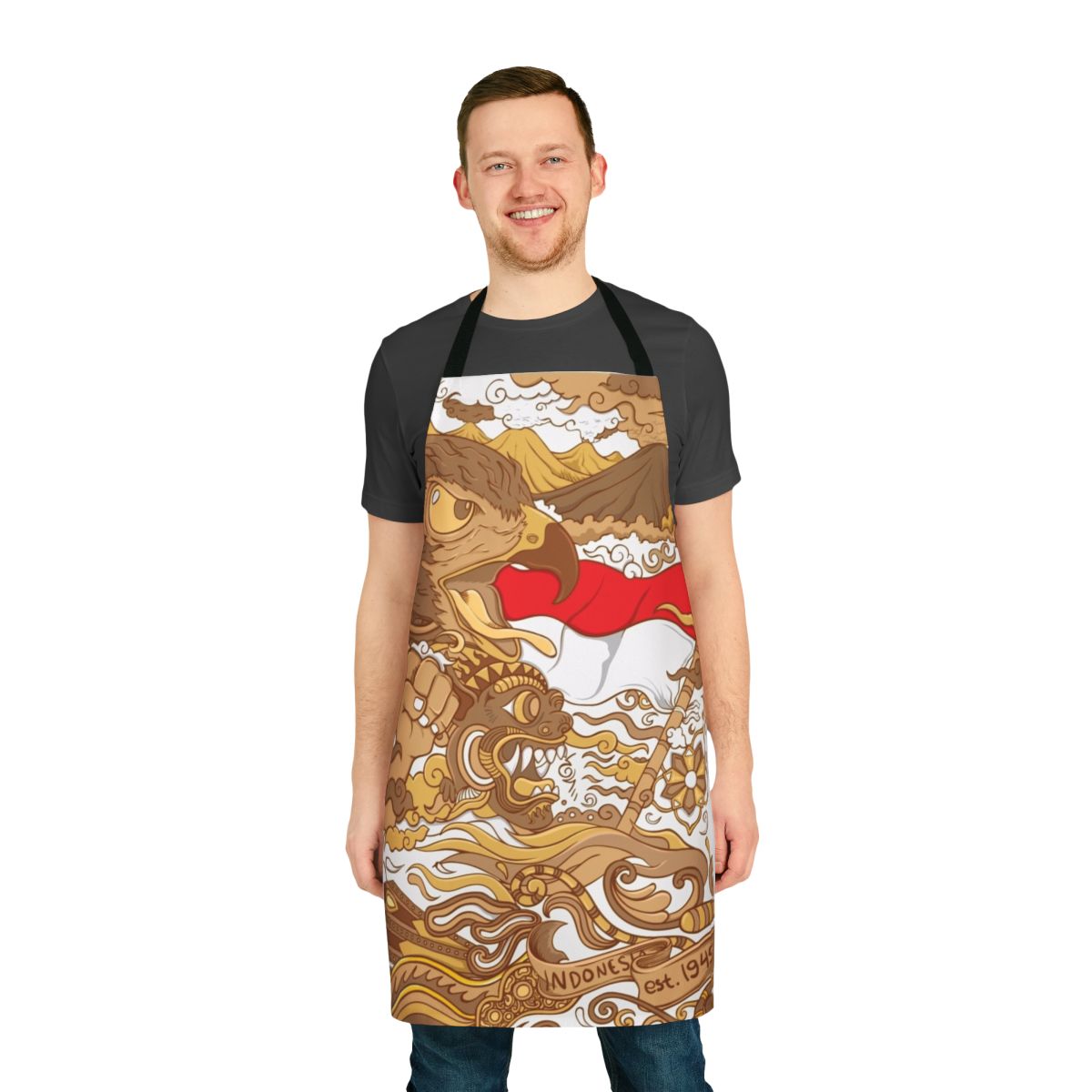 Colorful apron featuring traditional Indonesian Balinese designs and symbols