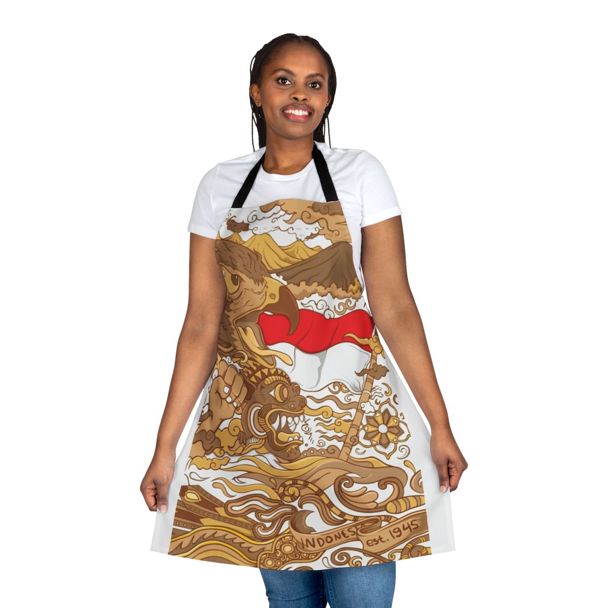 Colorful apron featuring traditional Indonesian Balinese designs and symbols