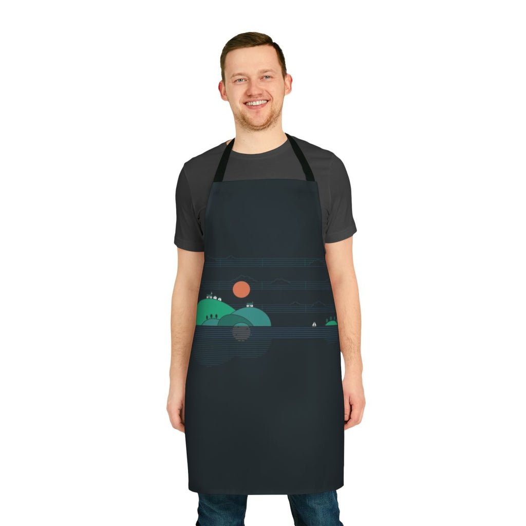 "Vibrant island-inspired apron with acoustic folk guitar design"