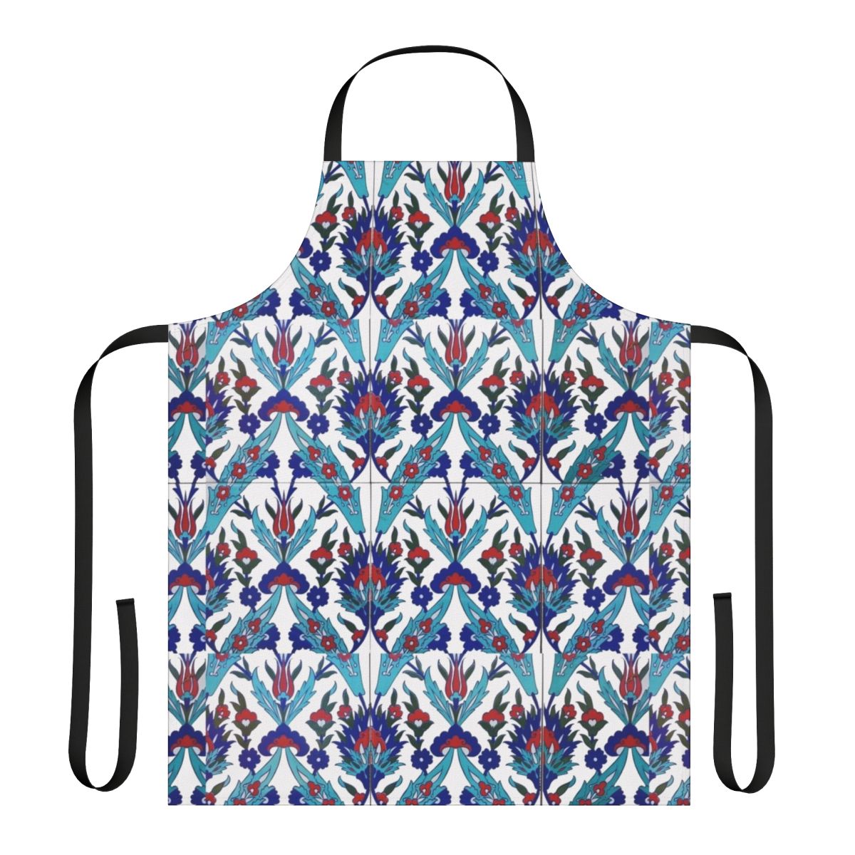Colorful floral pattern apron inspired by traditional Iznik tiles and Turkish pottery