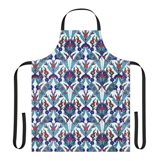 Colorful floral pattern apron inspired by traditional Iznik tiles and Turkish pottery