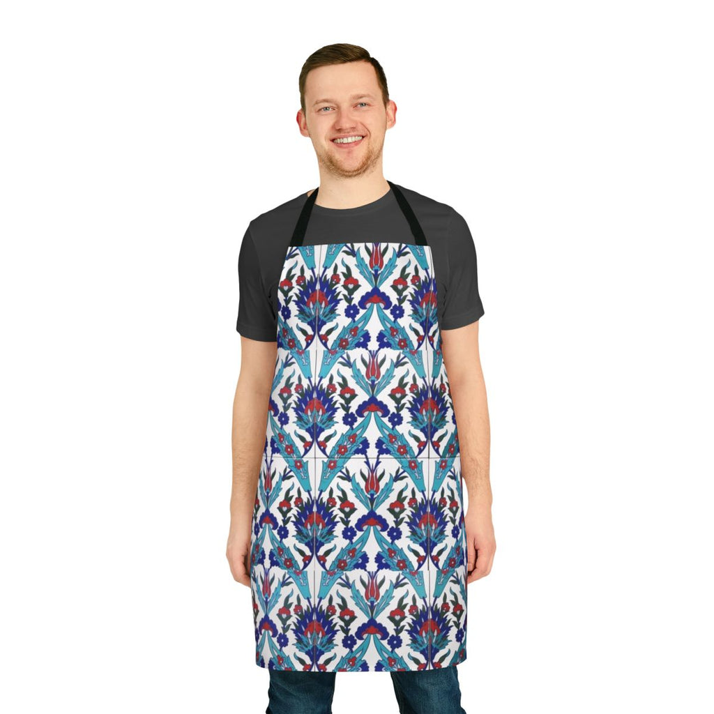 Colorful floral pattern apron inspired by traditional Iznik tiles and Turkish pottery