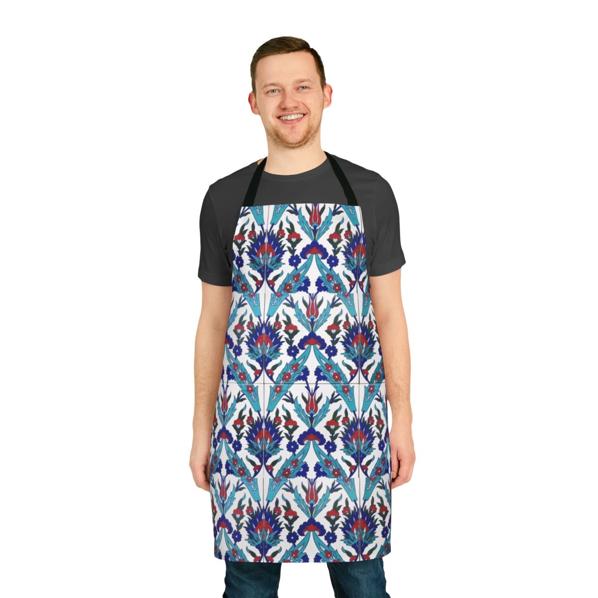 Colorful floral pattern apron inspired by traditional Iznik tiles and Turkish pottery
