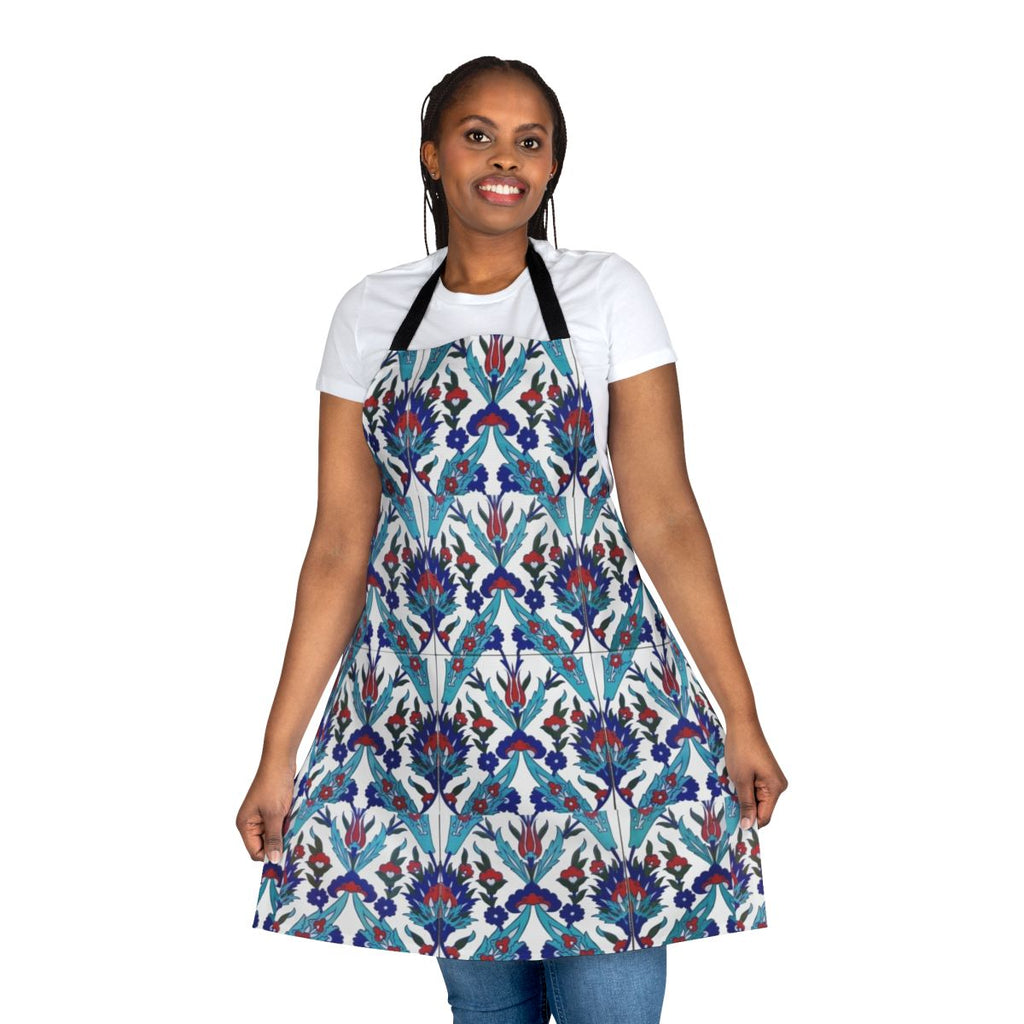 Colorful floral pattern apron inspired by traditional Iznik tiles and Turkish pottery
