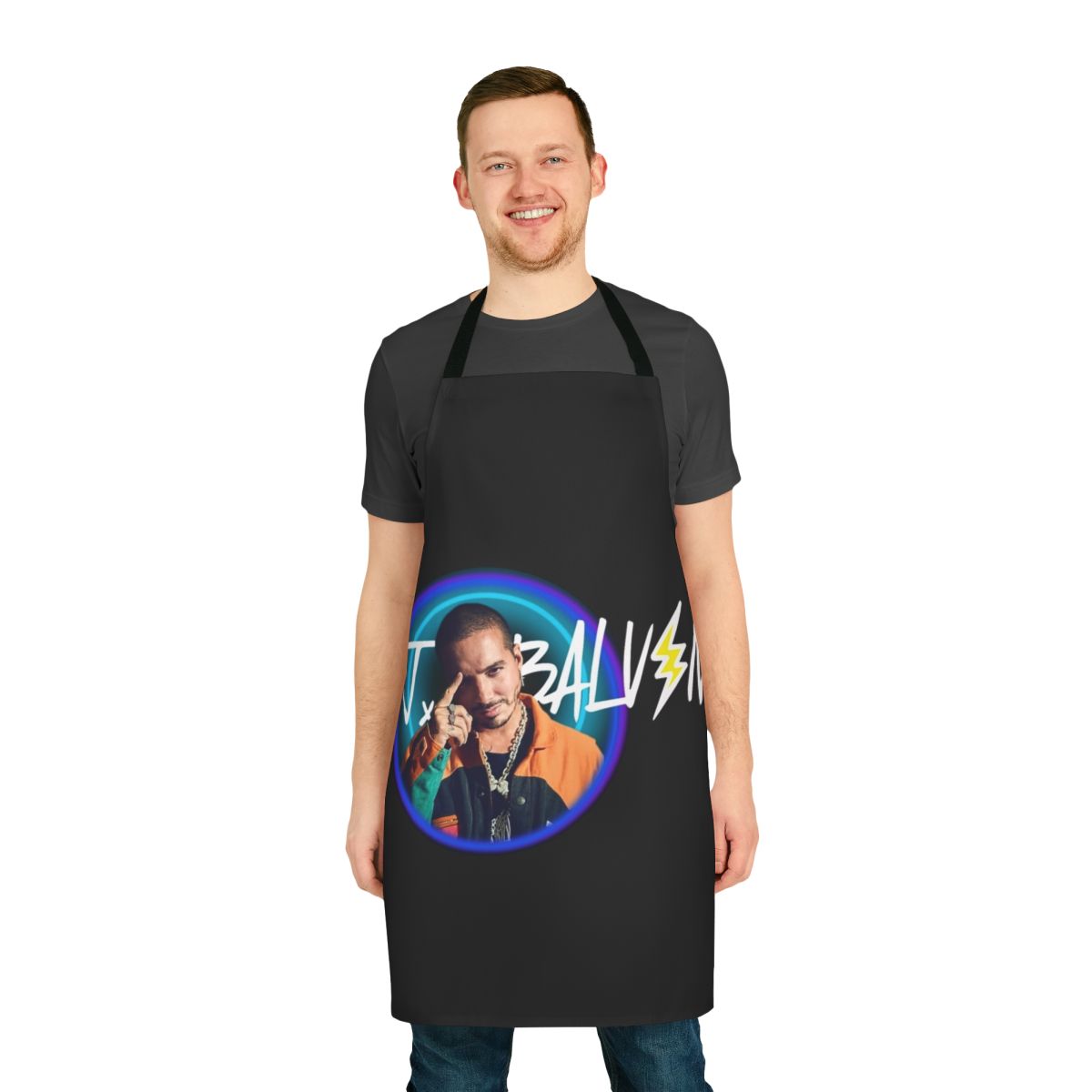 J Balvin-inspired apron featuring a colorful, stylized design