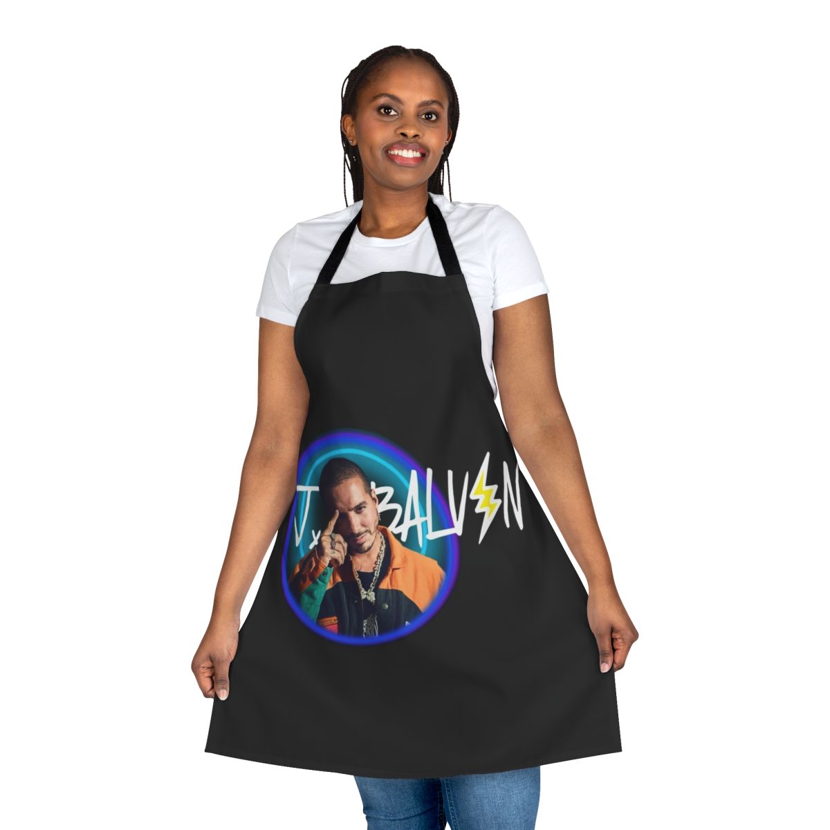 J Balvin-inspired apron featuring a colorful, stylized design