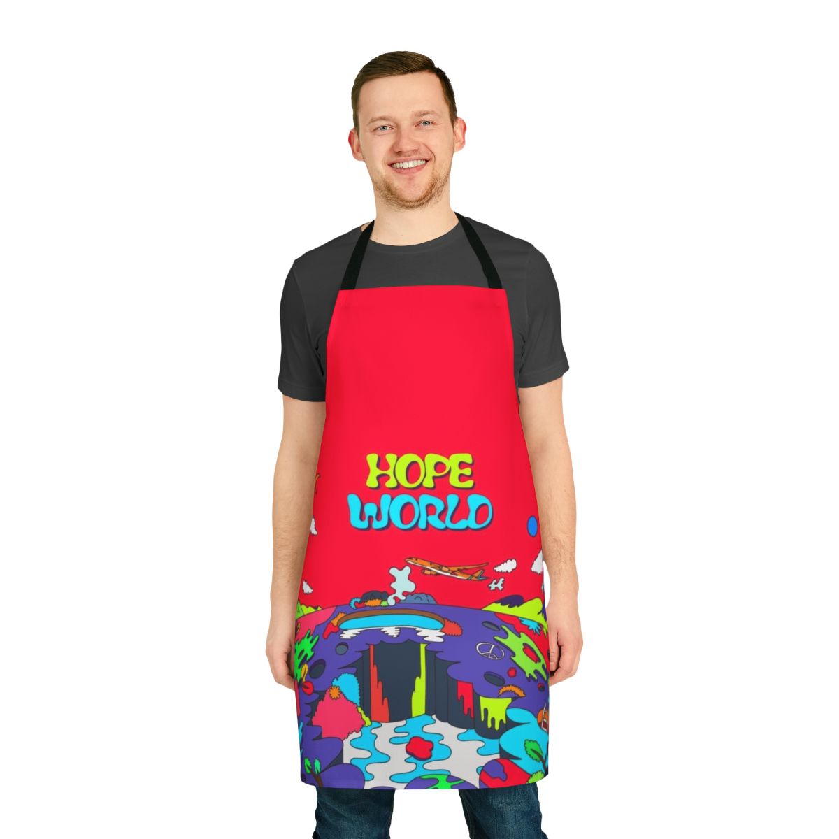 Colorful and trendy apron designed with J-Hope's "Hope World" artwork and motifs