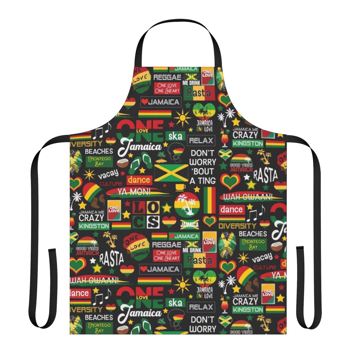 Jamaica-inspired apron with one love pattern and rasta colors
