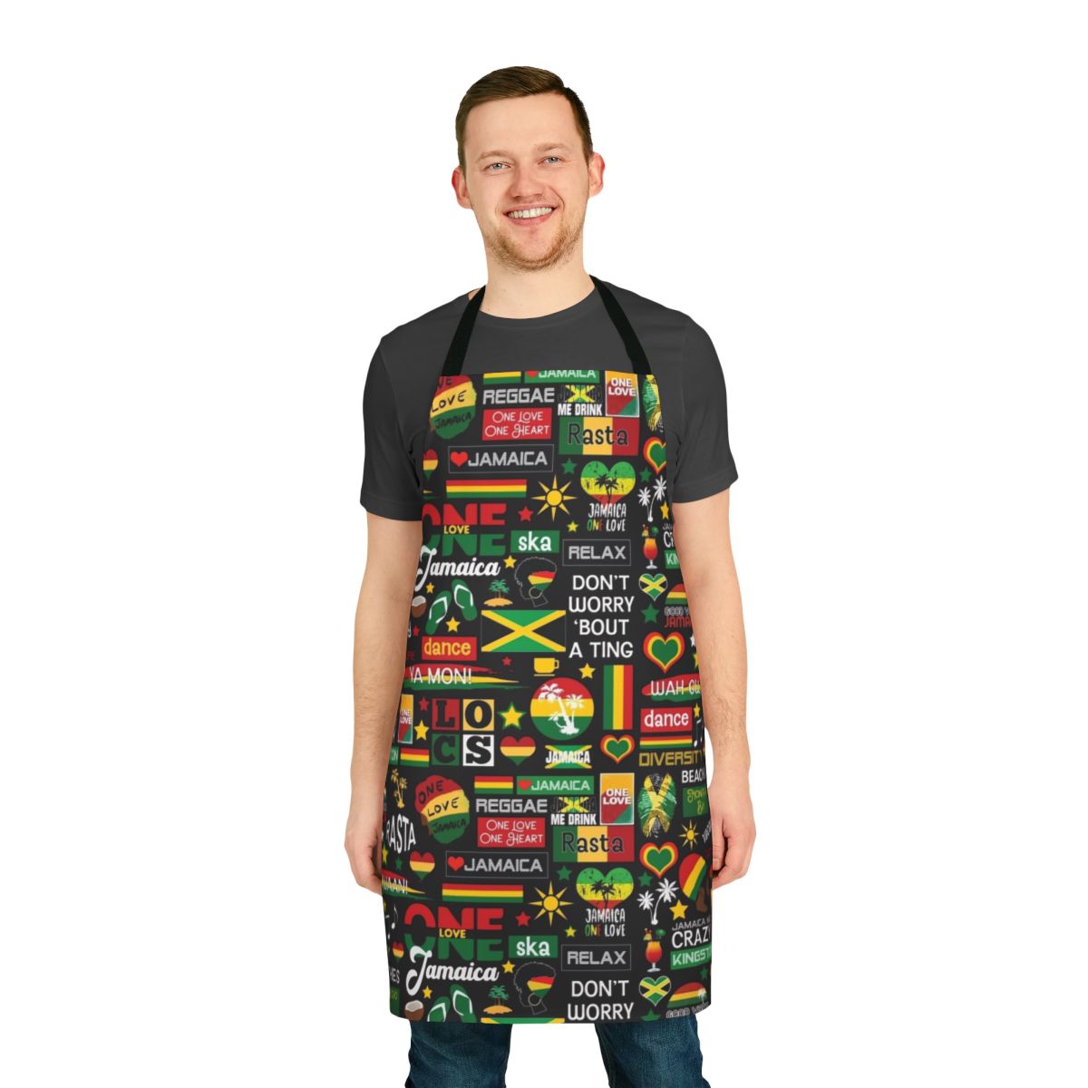 Jamaica-inspired apron with one love pattern and rasta colors