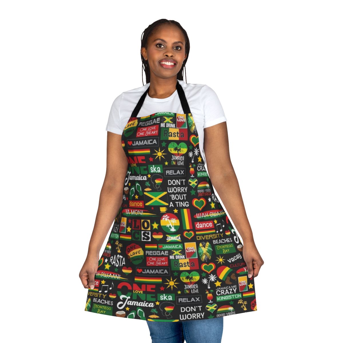 Jamaica-inspired apron with one love pattern and rasta colors