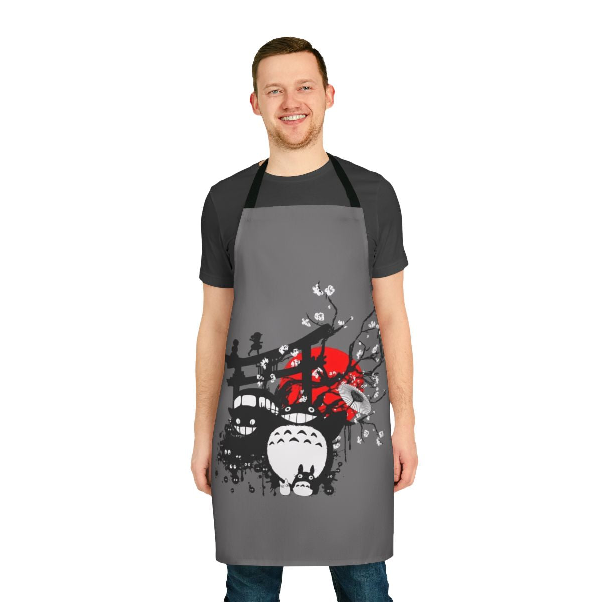 A stylish and colorful apron featuring a striking Japanese-inspired design, perfect for anime enthusiasts.