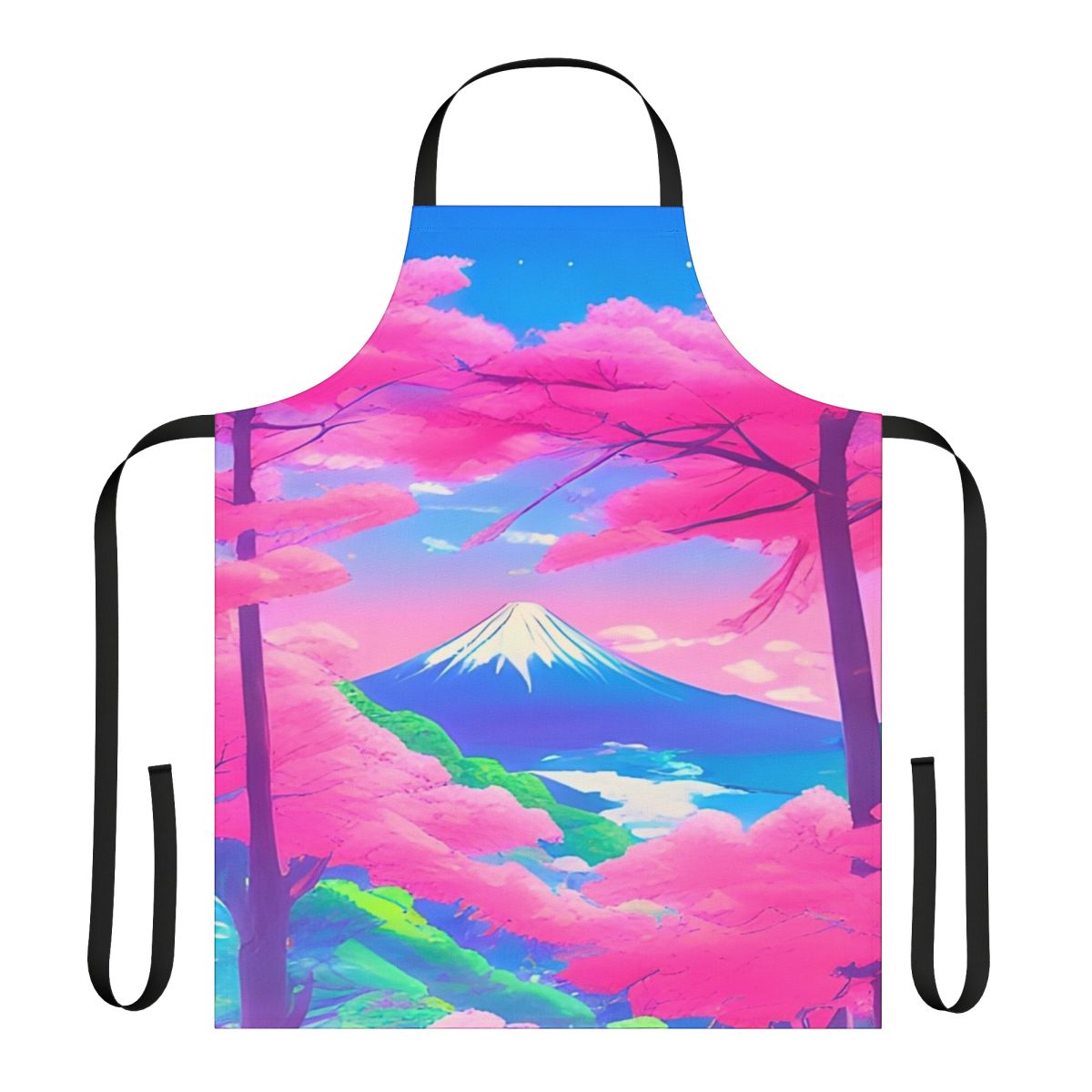 Sakura Landscape Apron featuring a vibrant Japanese landscape with Mt. Fuji and cherry blossoms