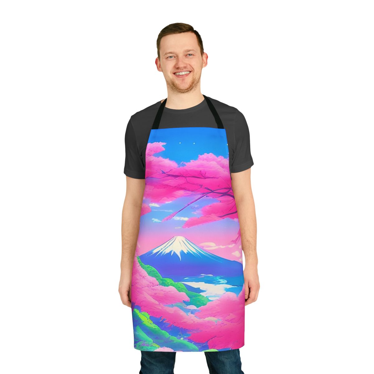 Sakura Landscape Apron featuring a vibrant Japanese landscape with Mt. Fuji and cherry blossoms
