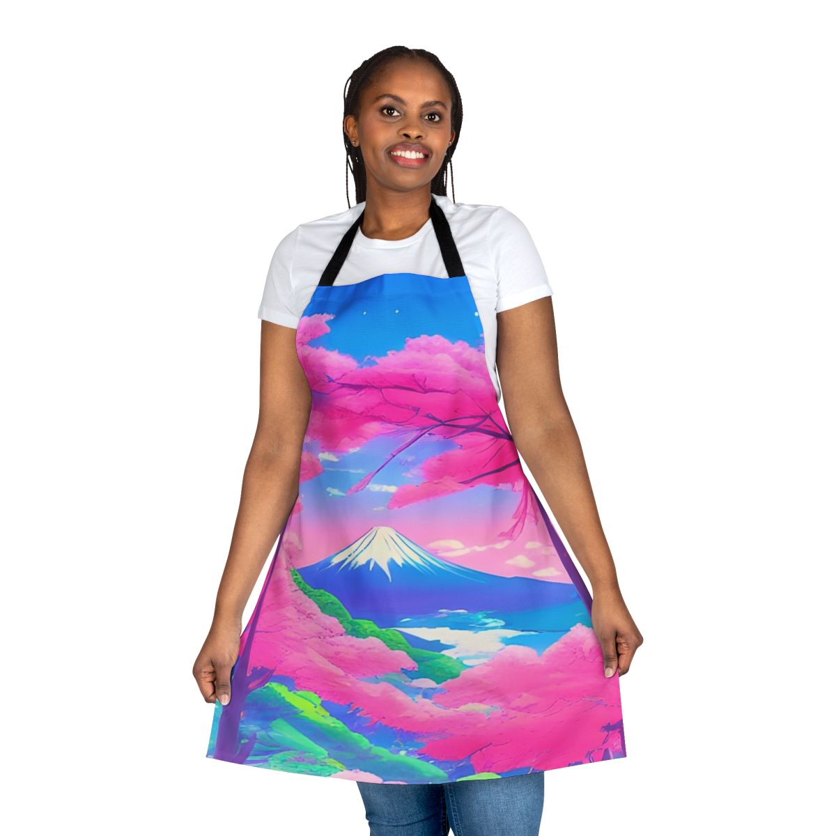 Sakura Landscape Apron featuring a vibrant Japanese landscape with Mt. Fuji and cherry blossoms