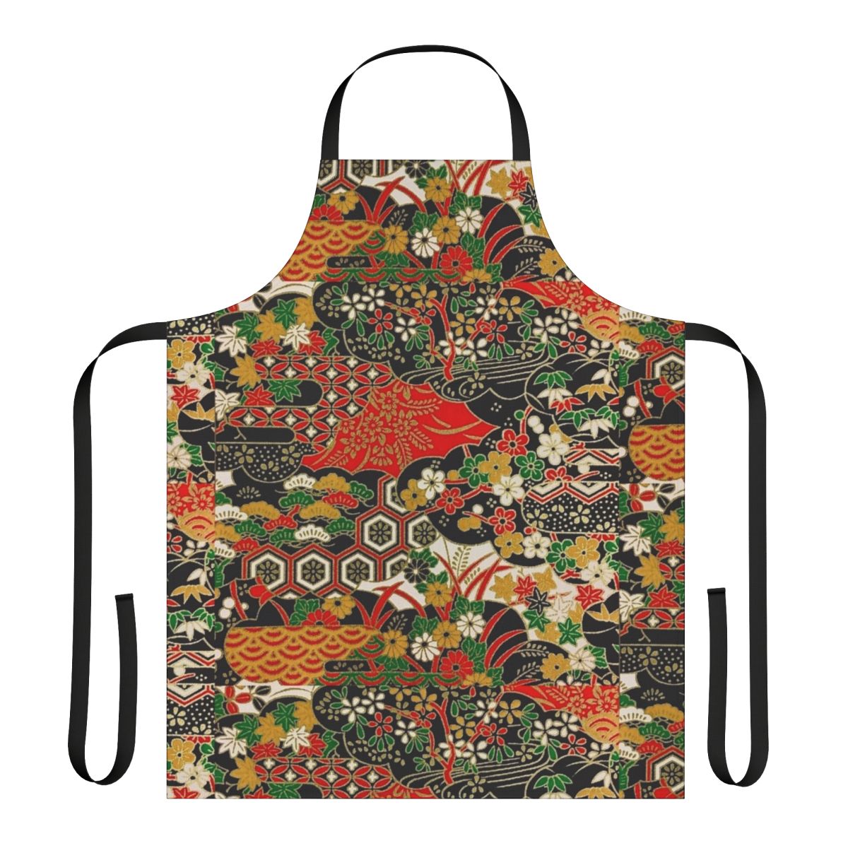 A vibrant and colorful apron featuring a traditional Japanese floral pattern, perfect for the kitchen or as a stylish accessory.