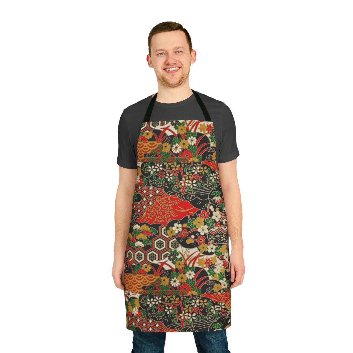 A vibrant and colorful apron featuring a traditional Japanese floral pattern, perfect for the kitchen or as a stylish accessory.