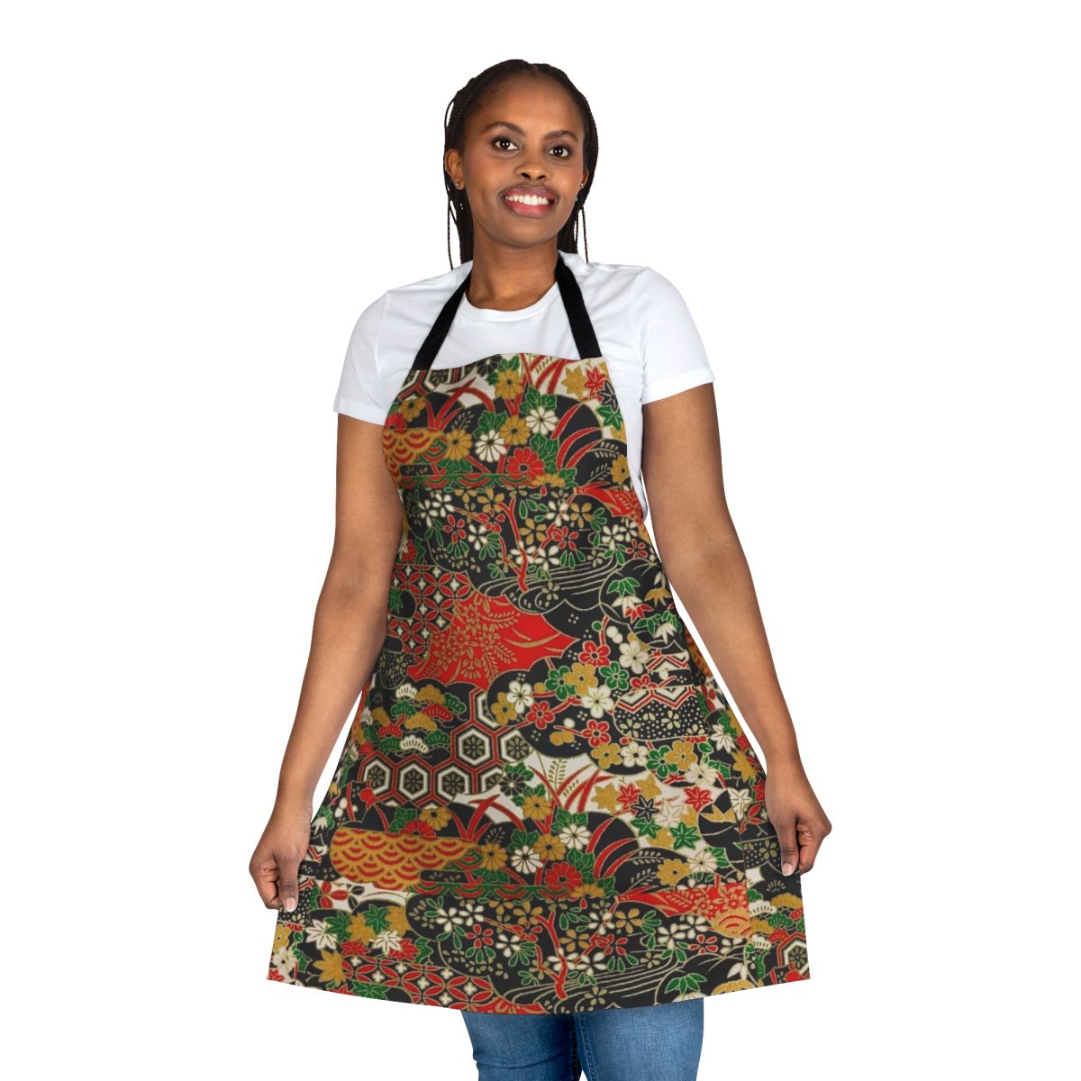 A vibrant and colorful apron featuring a traditional Japanese floral pattern, perfect for the kitchen or as a stylish accessory.