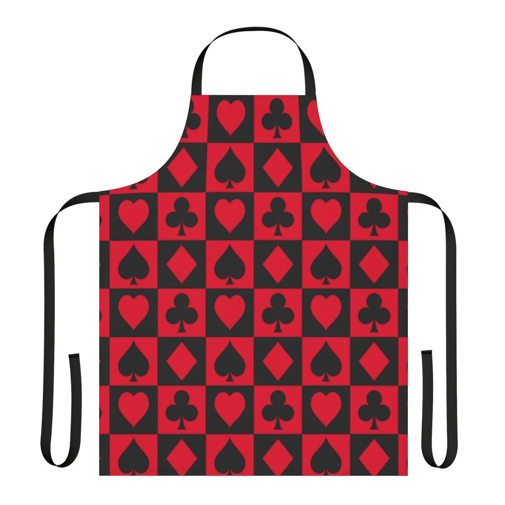 A colorful apron featuring a jester-inspired design, perfect for fans of DC Comics characters like Harley Quinn and the Joker.