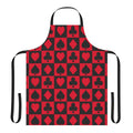 A colorful apron featuring a jester-inspired design, perfect for fans of DC Comics characters like Harley Quinn and the Joker.