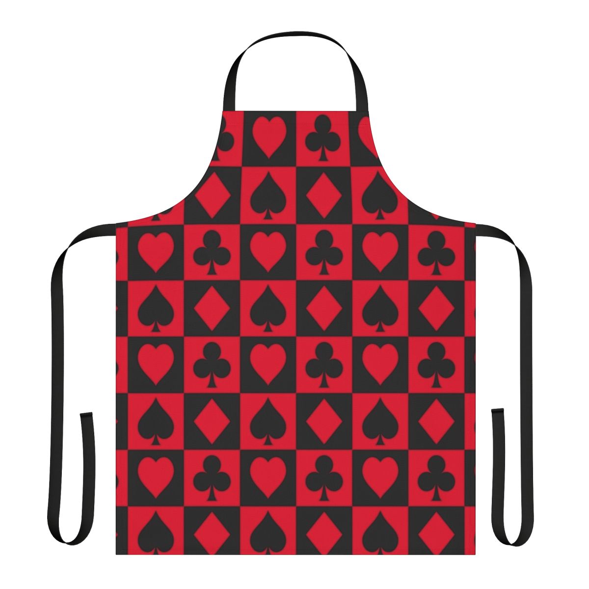 A colorful apron featuring a jester-inspired design, perfect for fans of DC Comics characters like Harley Quinn and the Joker.