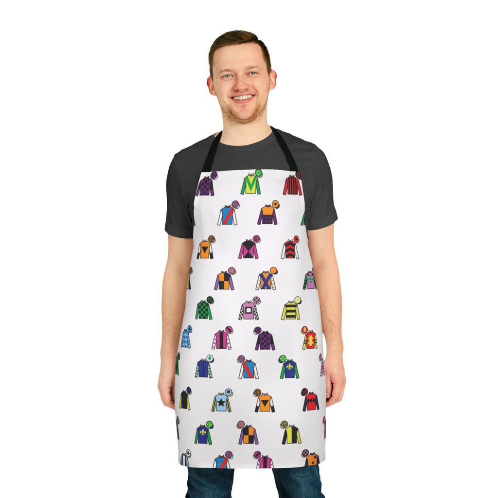 Colorful apron featuring a horse racing jockey uniform design