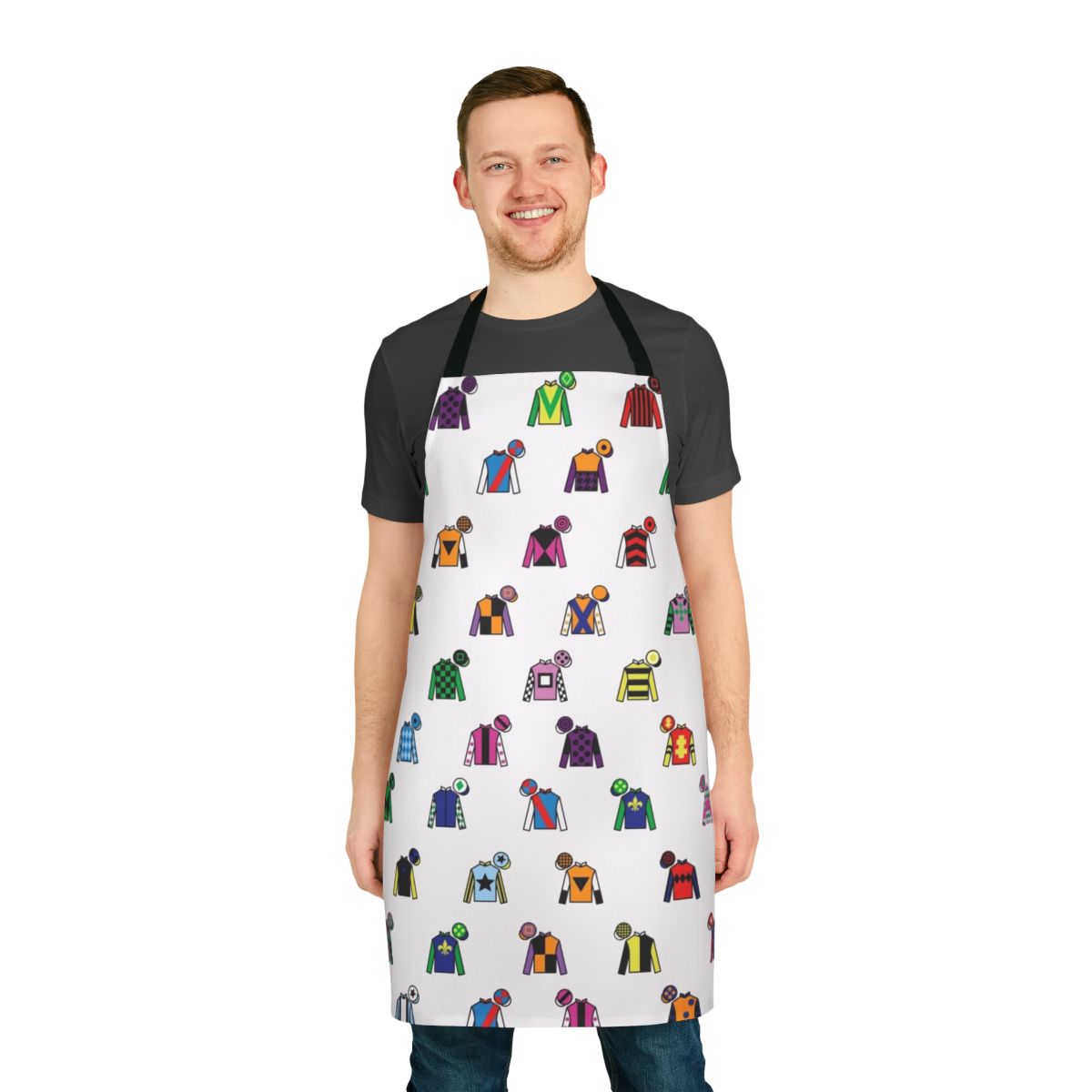 Colorful apron featuring a horse racing jockey uniform design