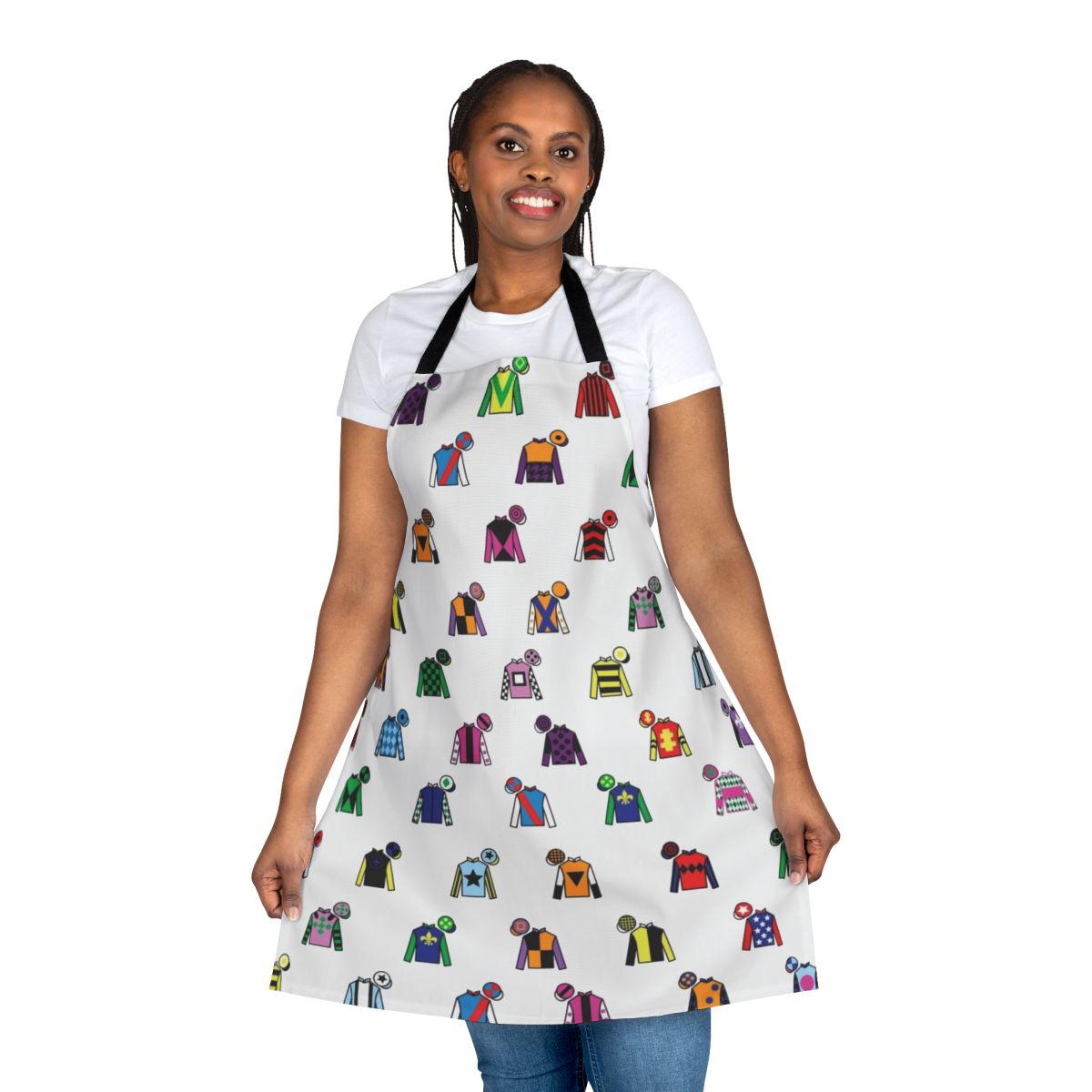 Colorful apron featuring a horse racing jockey uniform design