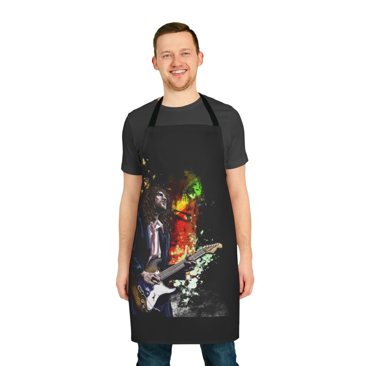 Colorful illustration of musician John Frusciante on a cooking apron