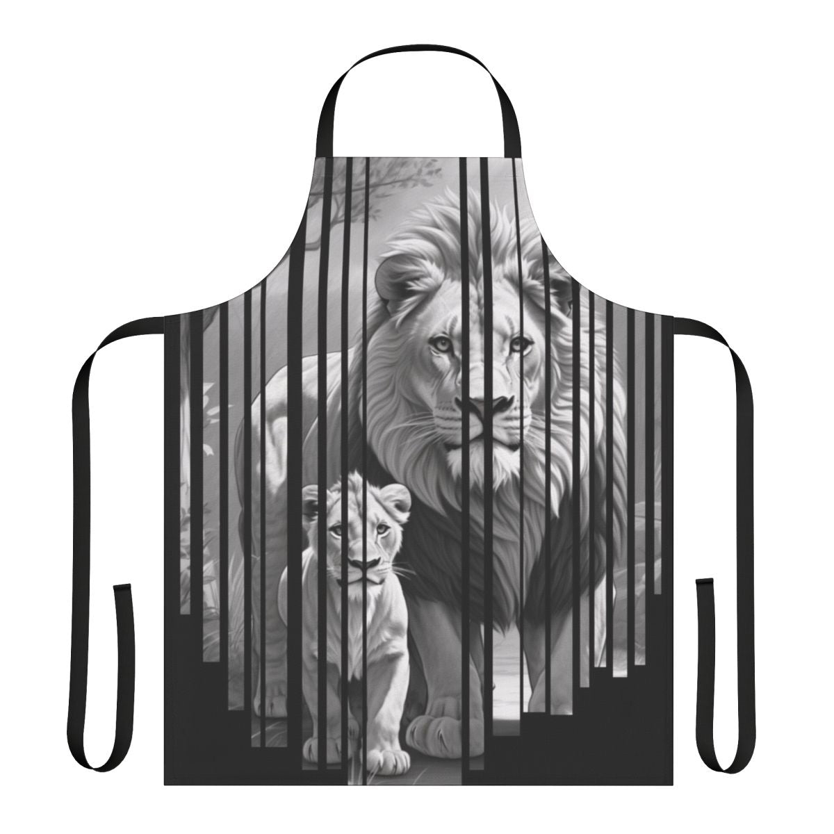 A colorful apron featuring a whimsical jungle animal print design.