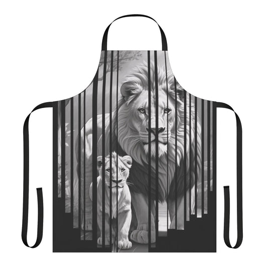 A colorful apron featuring a whimsical jungle animal print design.