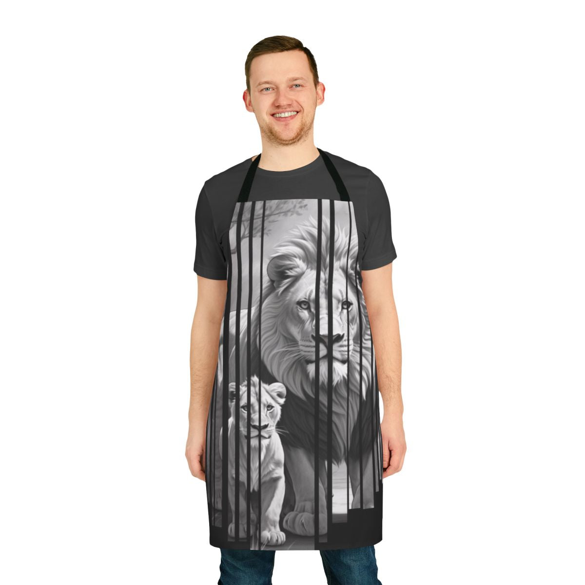 A colorful apron featuring a whimsical jungle animal print design.