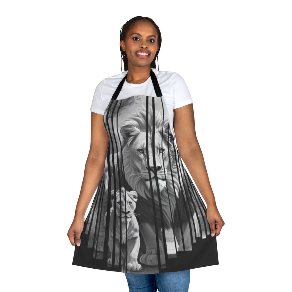 A colorful apron featuring a whimsical jungle animal print design.