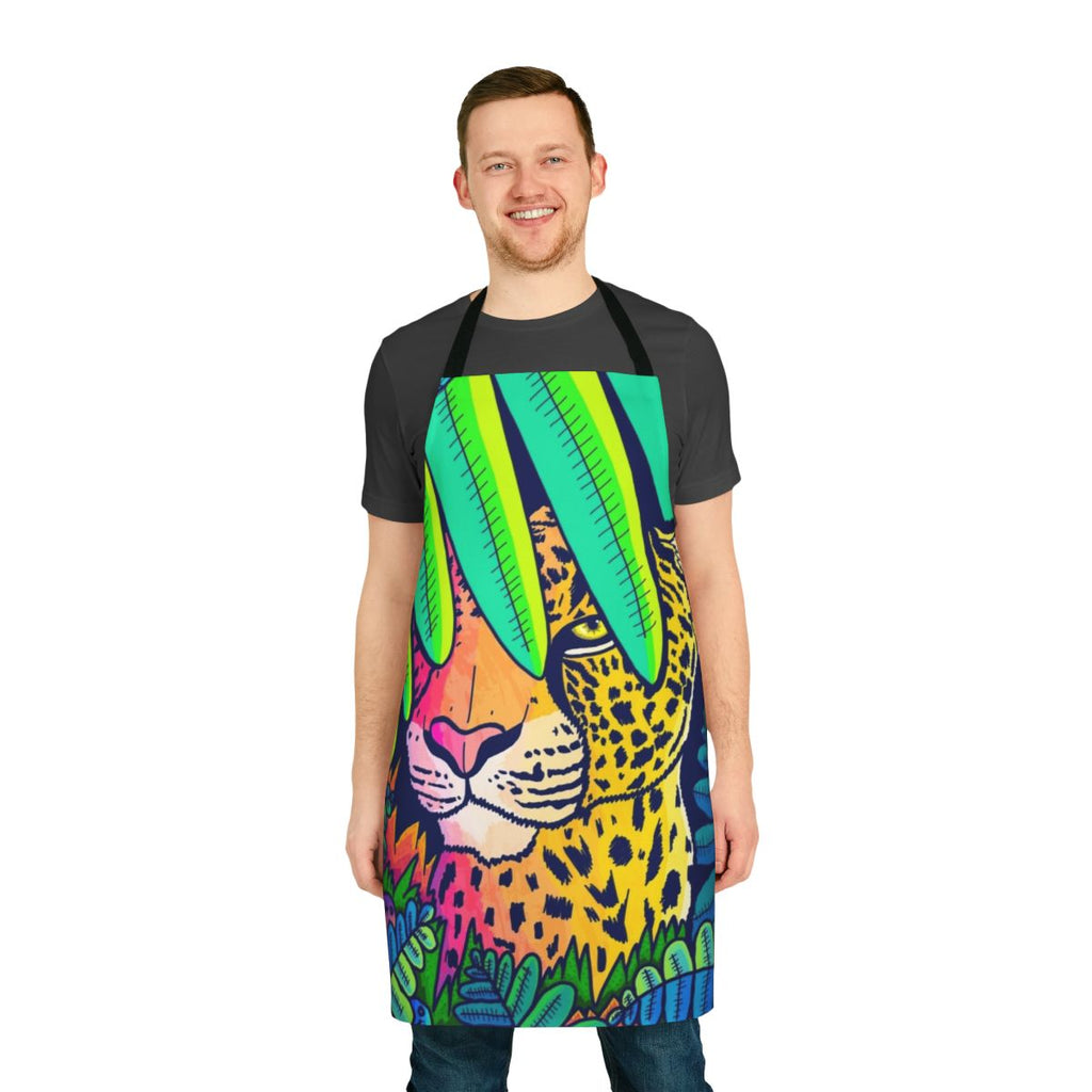 Colorful apron featuring a jungle leopard pattern, perfect for the kitchen or garden.