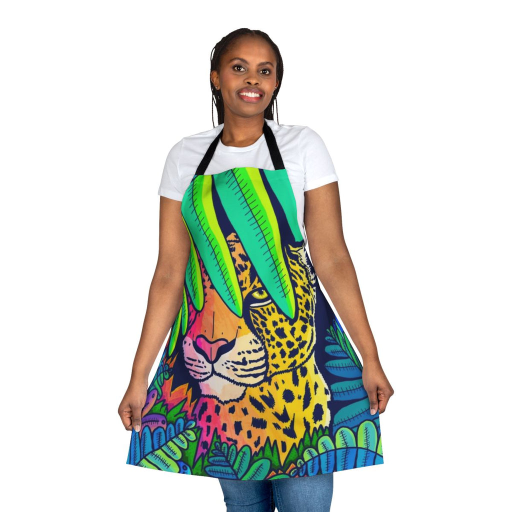 Colorful apron featuring a jungle leopard pattern, perfect for the kitchen or garden.