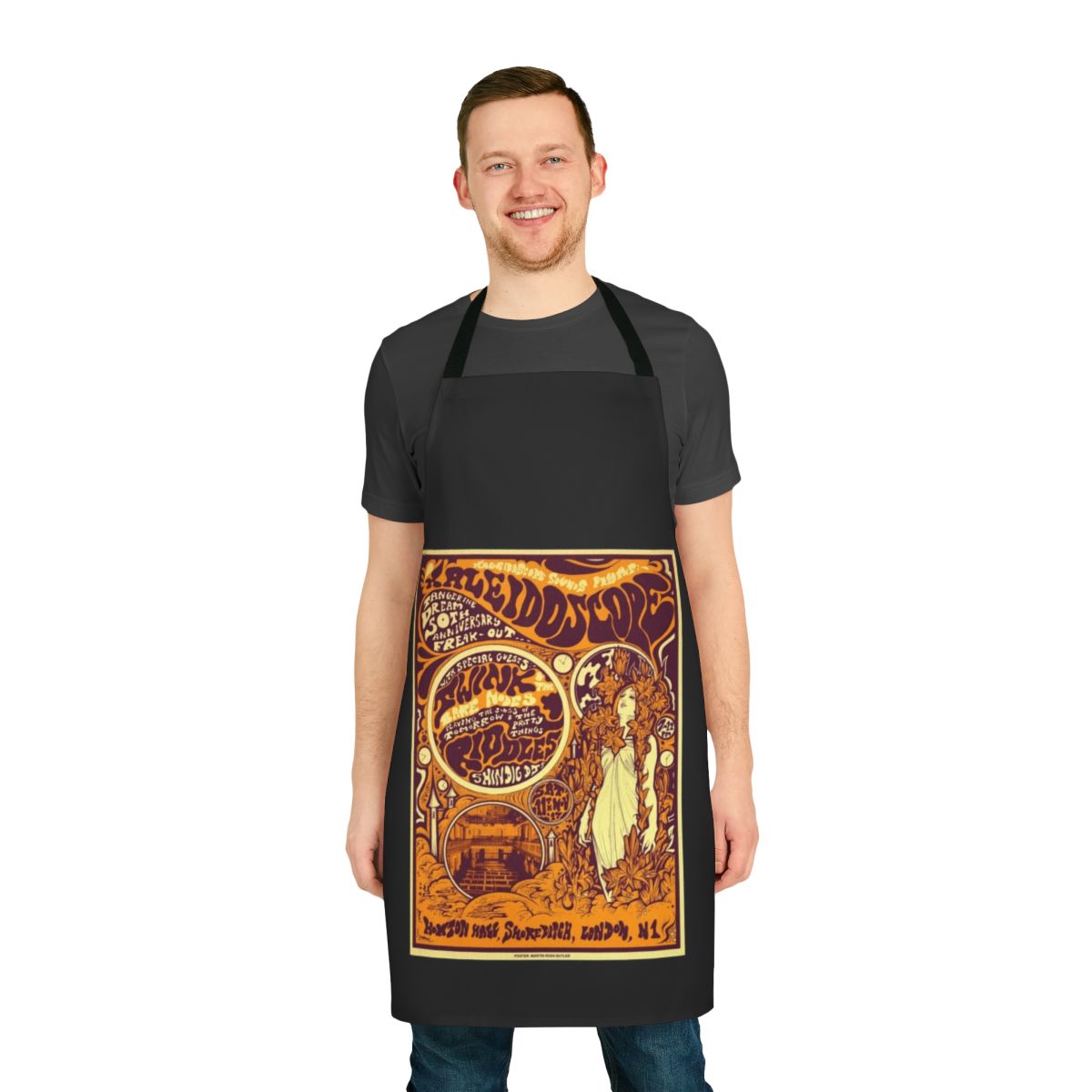Kaleidoscope-patterned apron with vivid orange and psychedelic design