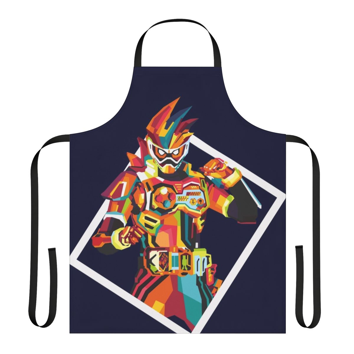 Colorful Kamen Rider-themed apron with gaming and medical motifs
